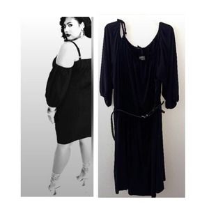 Ashley Stewart Cold Shoulder Dress Plus Size 26 BLACK Flowy Belt 3/4 Sleeve